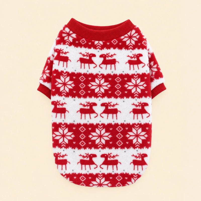 Red and white padded dog sweater with reindeer and snowflake bands and a red ribbed collar and cuffs, laid flat