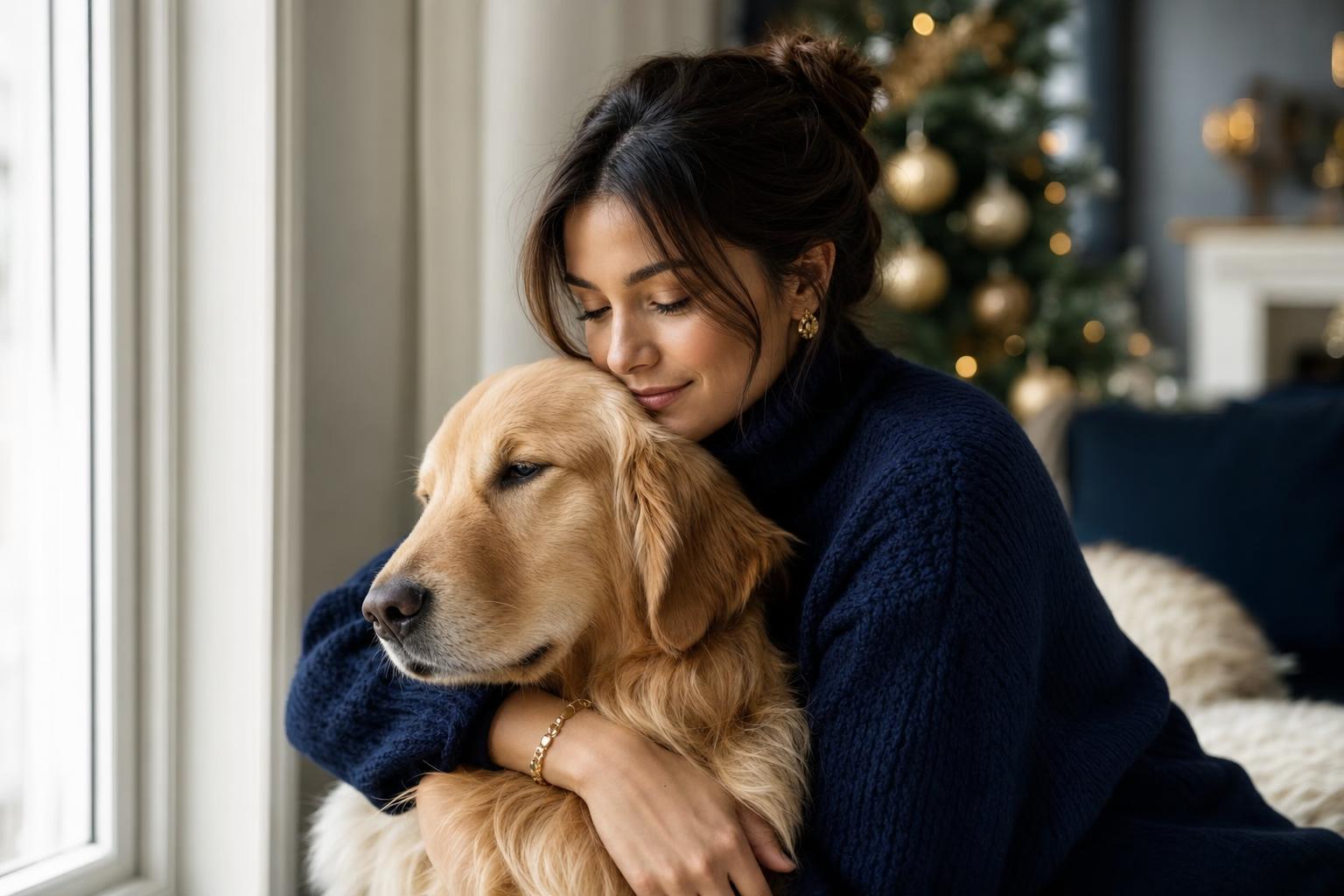 A woman in a navy sweater hugging her golden retriever beside a softly lit Christmas tree
