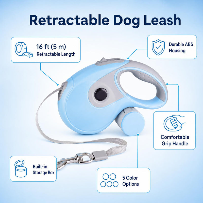 Retractable dog leash with 16 ft (5 m) length, ABS housing, built-in storage box and grip handle highlights