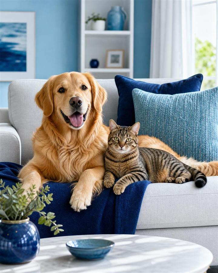 A golden retriever and a tabby cat resting together on a sofa
