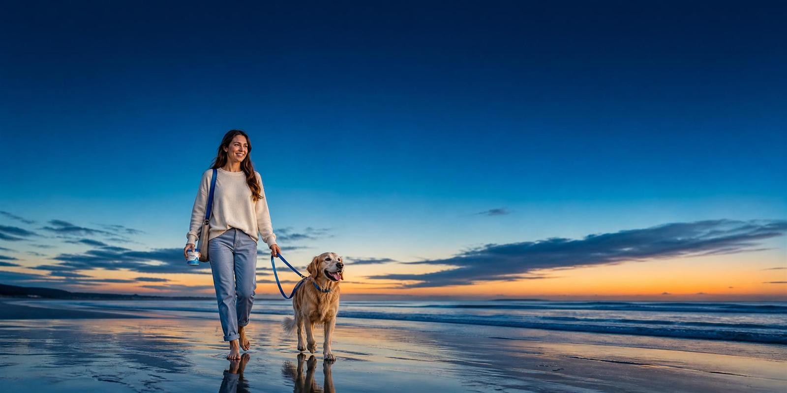 A person and their dog walking along a quiet beach at sunset
