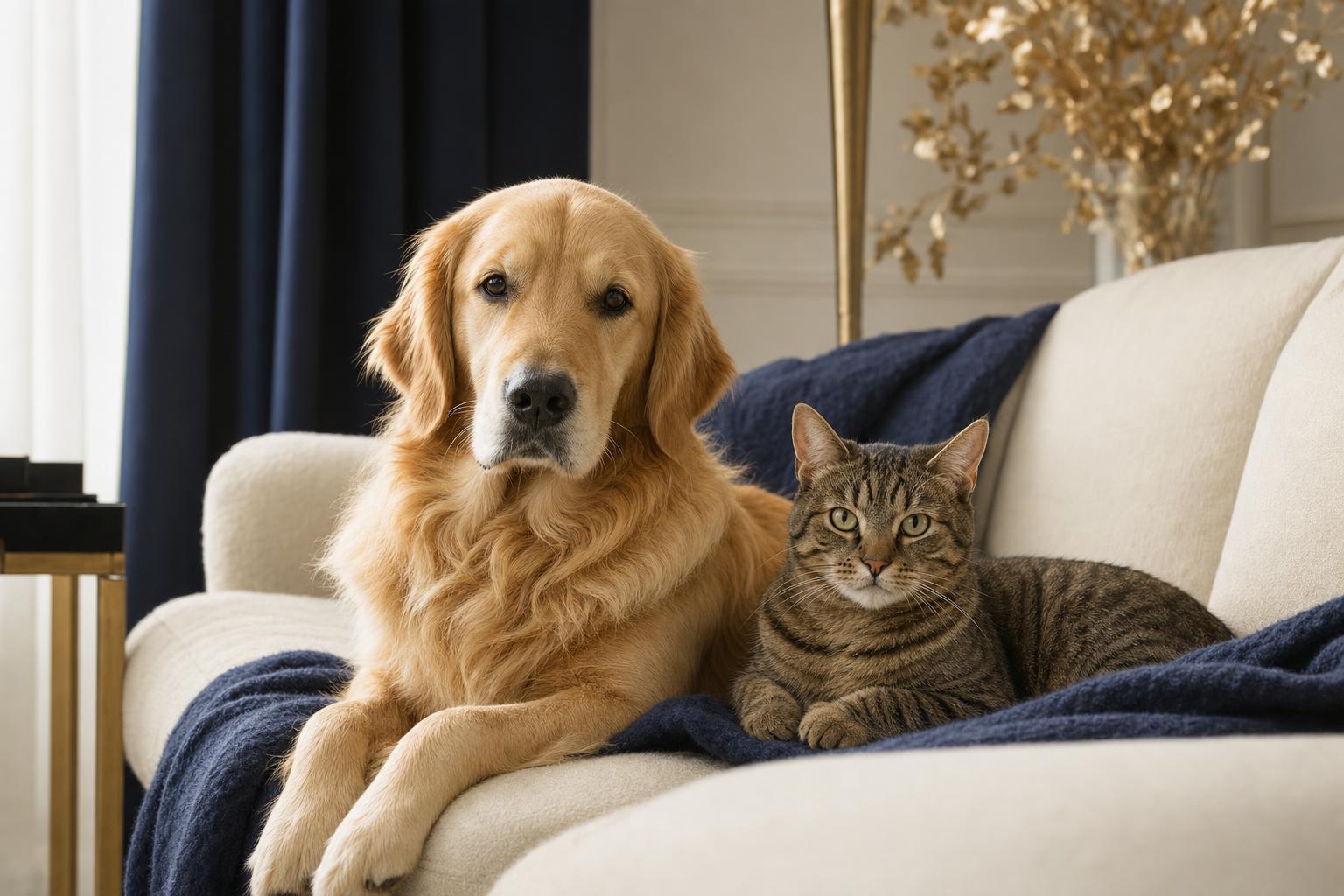 A golden retriever and a tabby cat resting together on a bright sofa