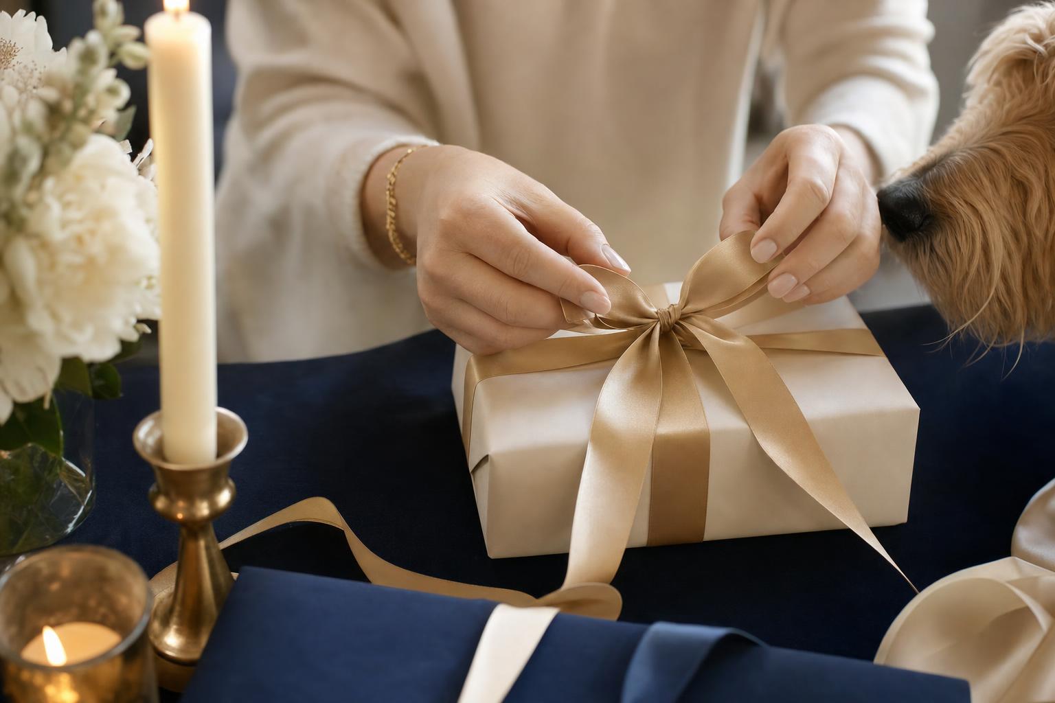 Hands tying a gold ribbon on a wrapped gift while a dog sniffs curiously at the edge of the table